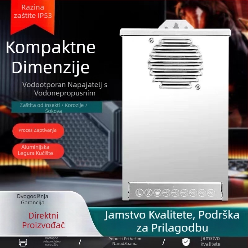 Vanjsko IP53 kišootporna napajanje s prekidačem, 24V LED transformator za reklamne trake, dimenzije 177×105×45 mm, težina 0,5 kg