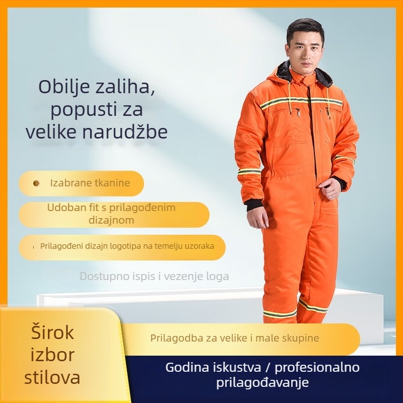 Muške kamuflažne kombinezoni, udoban slobodan kroj, jedinstveni radni kombinezon od pamuk–polyester smjese s poliester podstavom; otporne na zaprljanje i dekontaminaciju; pogodno za zavarivanje, farbanje, popravak strojeva i uzgoj.