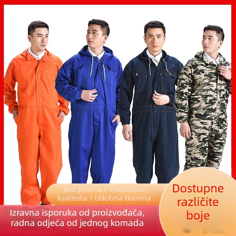 Muške kamuflažne kombinezoni, udoban slobodan kroj, jedinstveni radni kombinezon od pamuk–polyester smjese s poliester podstavom; otporne na zaprljanje i dekontaminaciju; pogodno za zavarivanje, farbanje, popravak strojeva i uzgoj.