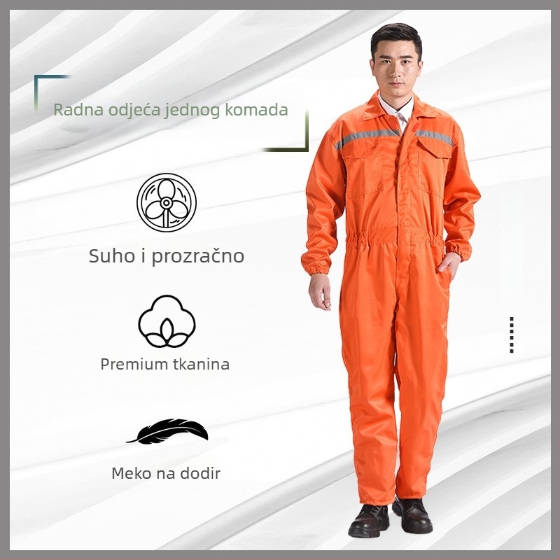 Muške kamuflažne kombinezoni, udoban slobodan kroj, jedinstveni radni kombinezon od pamuk–polyester smjese s poliester podstavom; otporne na zaprljanje i dekontaminaciju; pogodno za zavarivanje, farbanje, popravak strojeva i uzgoj.