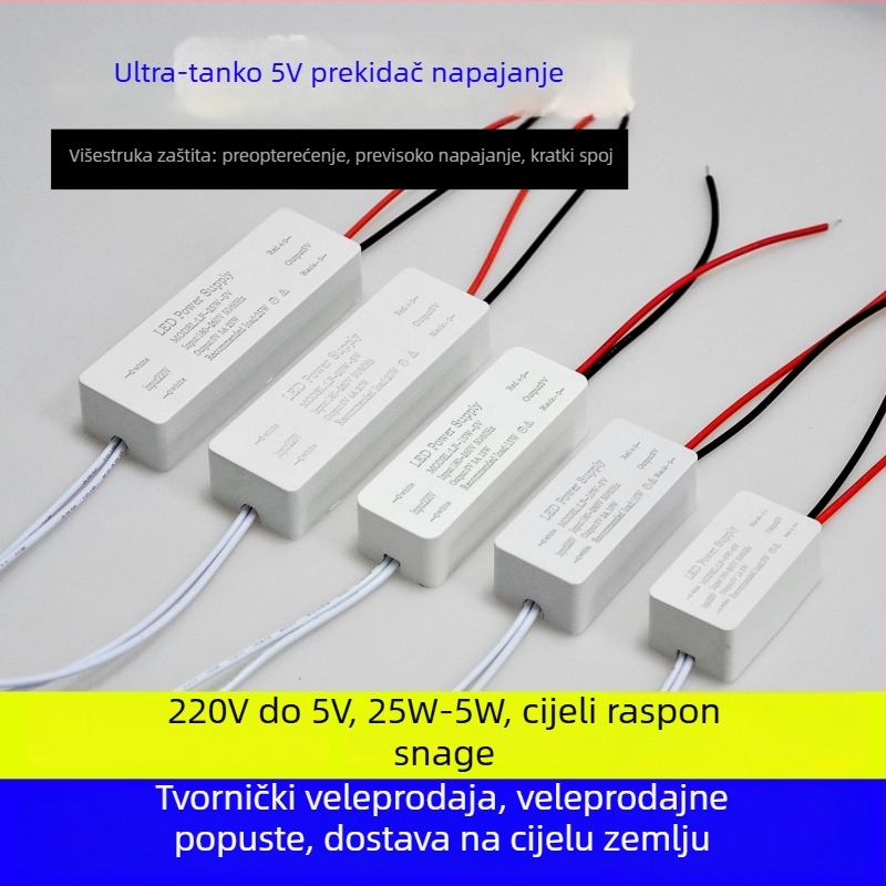 Napajanje LED trake 5V, AC/DC upravljač s prekidačem, ulaz 180–260V, izlaz 5A, 25W