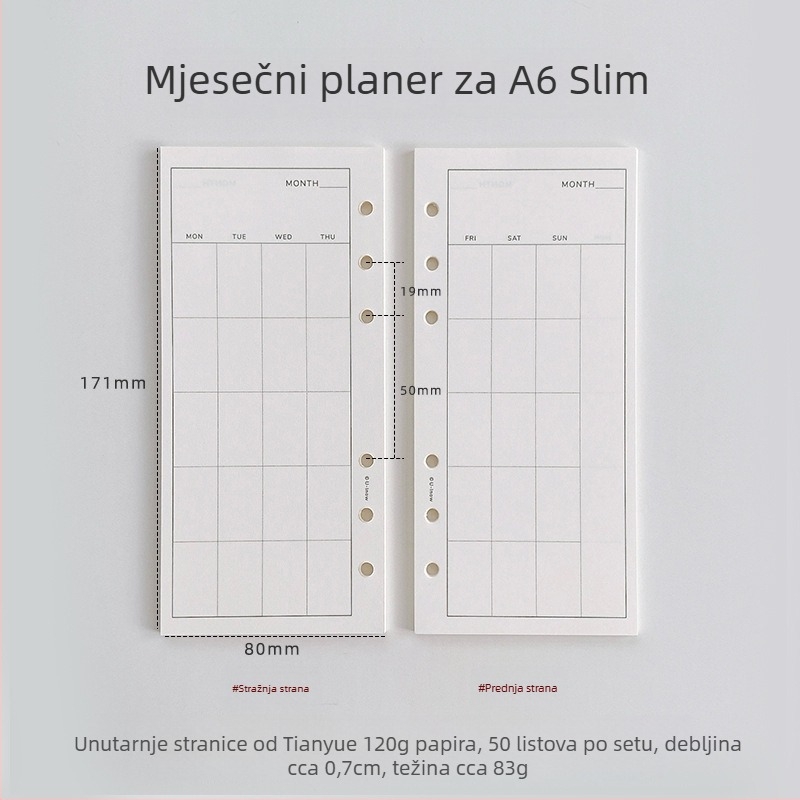 Planer s listovima za slobodno listanje i odvojivim unutarnjim stranicama, papir TianYue 120 g, mrežaste i prazne stranice