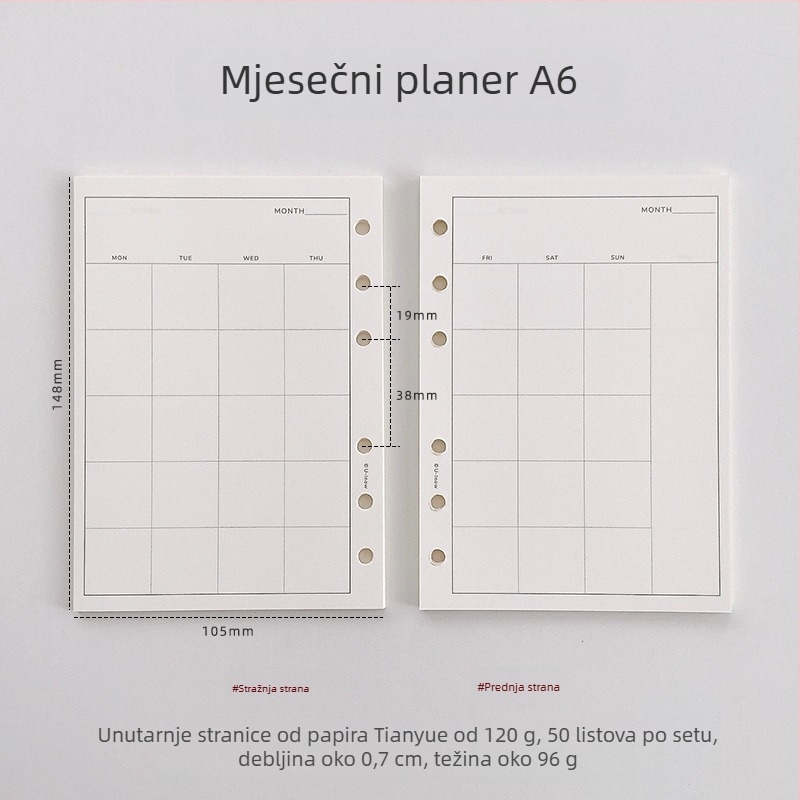 Planer s listovima za slobodno listanje i odvojivim unutarnjim stranicama, papir TianYue 120 g, mrežaste i prazne stranice