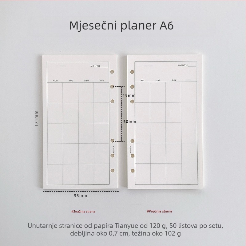 Planer s listovima za slobodno listanje i odvojivim unutarnjim stranicama, papir TianYue 120 g, mrežaste i prazne stranice