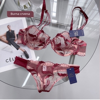 Set grudnjaka s ultra-tankim oblikovanim košaricama, prozračni najlonski materijal, glavni materijal 70–80%, fiksne dvostruke naramenice, stražnje dvostruko kopčanje.