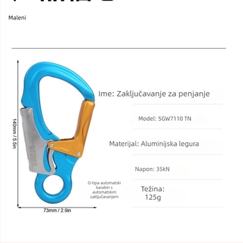 Sigurnosni kuka za penjanje – aluminijska legura, tip D, opterećenje 35 kN, mali očni karabiner, uređaj za zaključavanje užeta