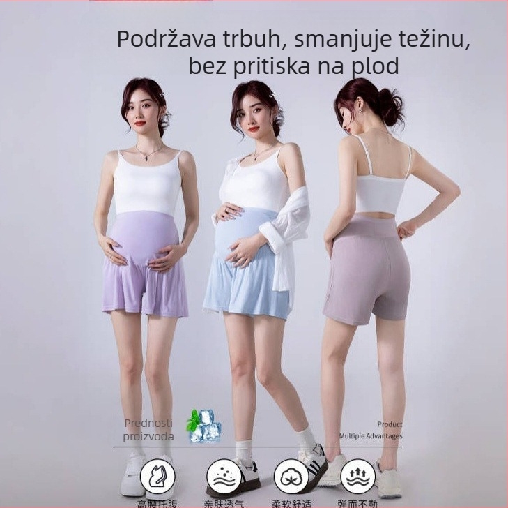 Trudničke hlače 3/4 dužine, s visokim strukom i podrškom za trbuh, lagana pamučno-nylon smjesa, visoka elastičnost