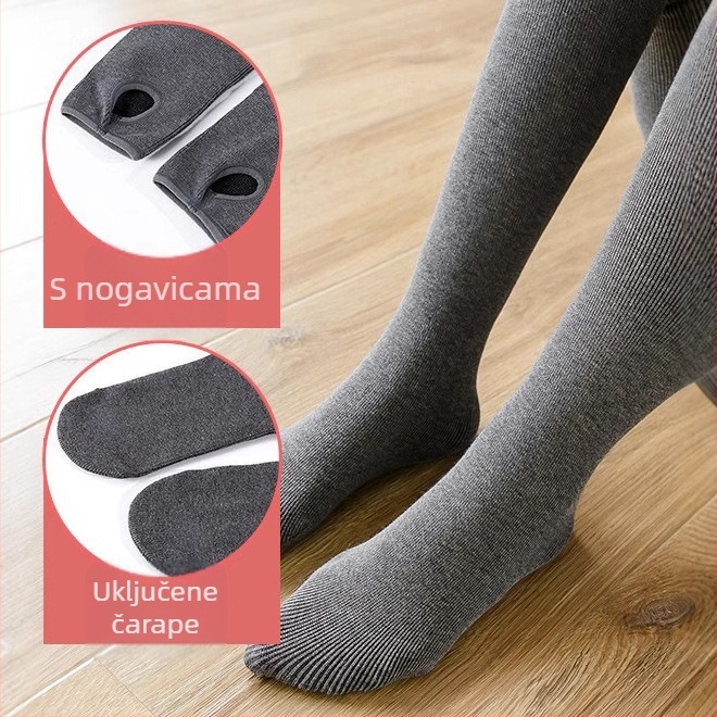 Trudničke tajice s flisom za podršku trbuha, tople i elastične, s nogavicama za zimu, 80–90% pamuka i <30% spandeksa.