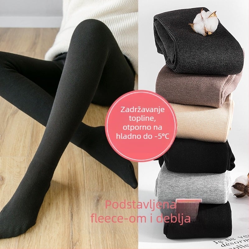 Trudničke tajice s flisom za podršku trbuha, tople i elastične, s nogavicama za zimu, 80–90% pamuka i <30% spandeksa.