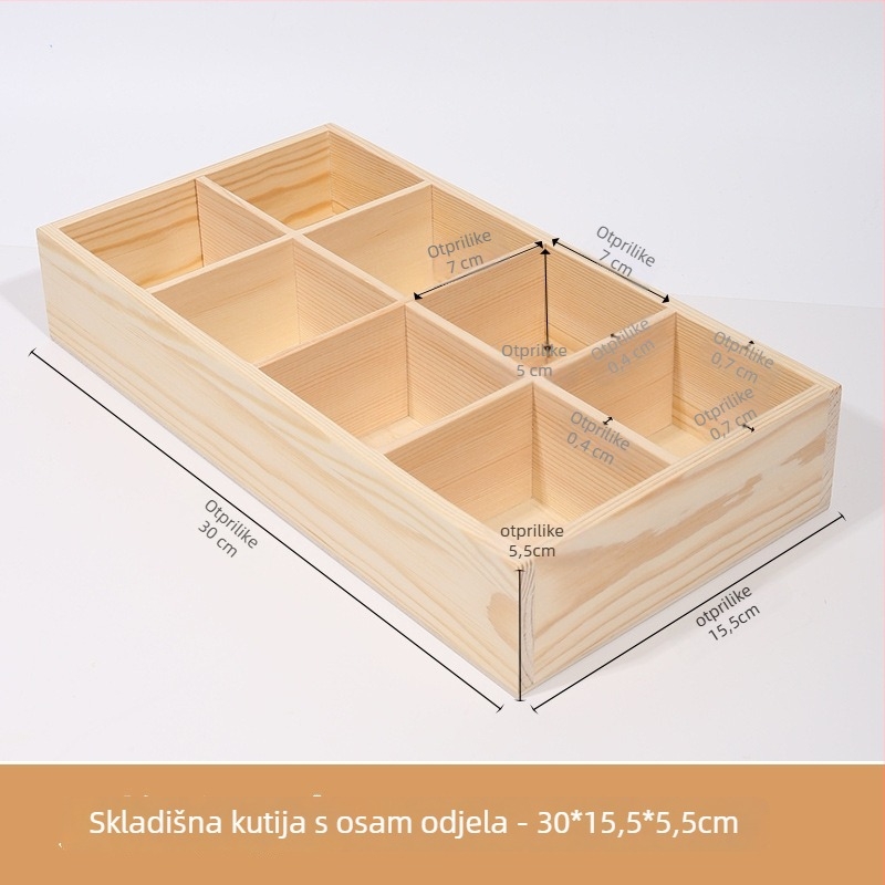 Stolna drvena kutija za skladištenje s više pretinaca, borovo drvo, raspored od devet odjeljaka, kapacitet 18 L, moderni minimalistički stil