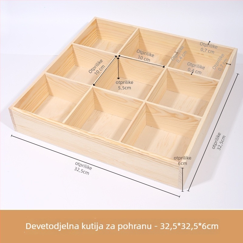 Stolna drvena kutija za skladištenje s više pretinaca, borovo drvo, raspored od devet odjeljaka, kapacitet 18 L, moderni minimalistički stil