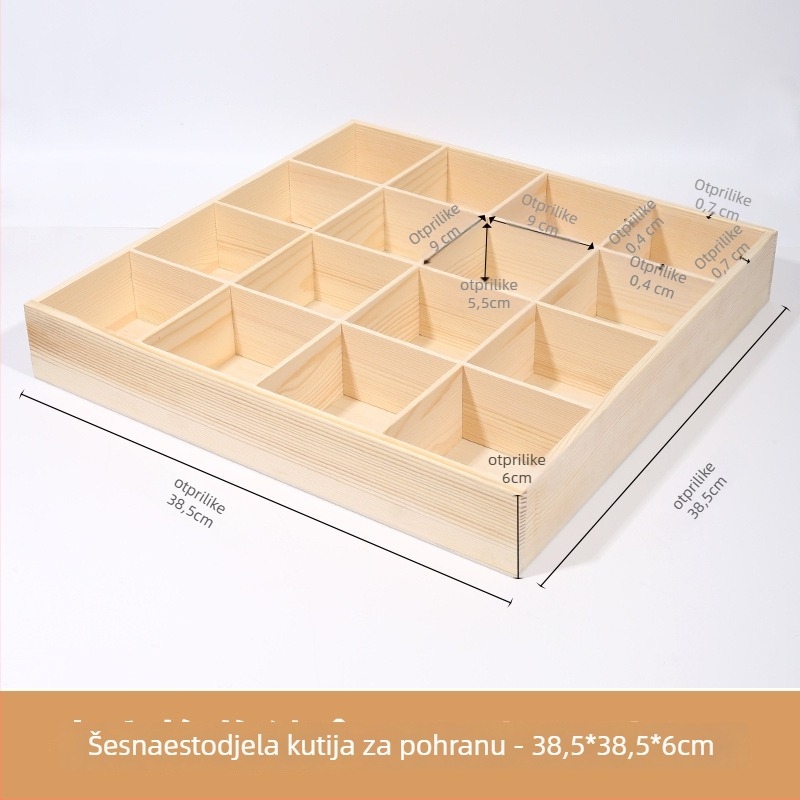 Stolna drvena kutija za skladištenje s više pretinaca, borovo drvo, raspored od devet odjeljaka, kapacitet 18 L, moderni minimalistički stil