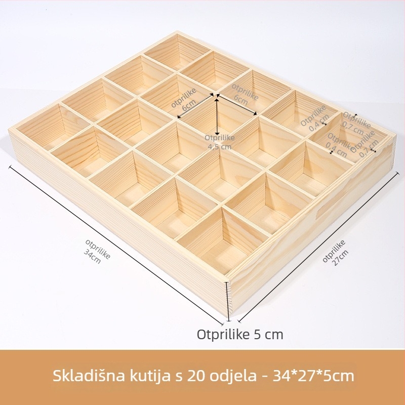 Stolna drvena kutija za skladištenje s više pretinaca, borovo drvo, raspored od devet odjeljaka, kapacitet 18 L, moderni minimalistički stil