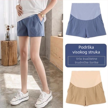 Trudničke hlače s 3/4 dužine od pamuka i lana, podrška trbuhu, lagani ljetni kroj