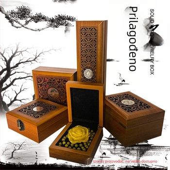Drvena kutija za nakit s graviranjem i žutom svilenom unutrašnjošću, pogodna za narukvice, Buddhist perle i Bodhi dijelove te ogrlice; model 99, sveobuhvatno pakiranje, mogućnost tiska loga