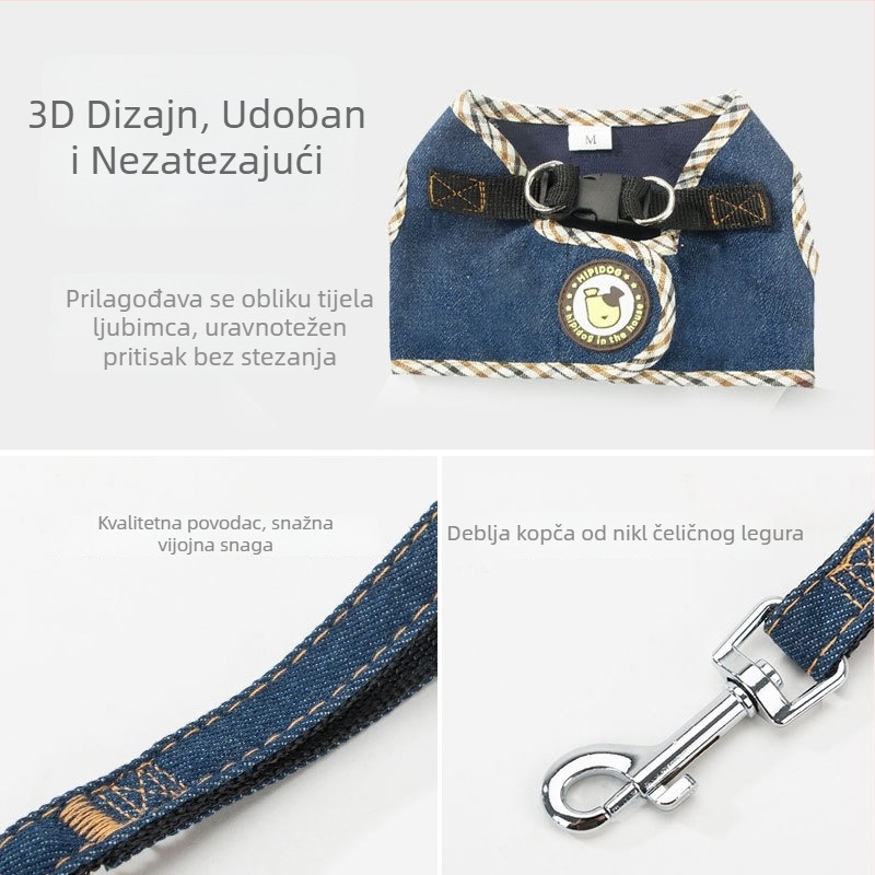Mačji prsluk u stilu veste od platna, vučna traka za šetnju