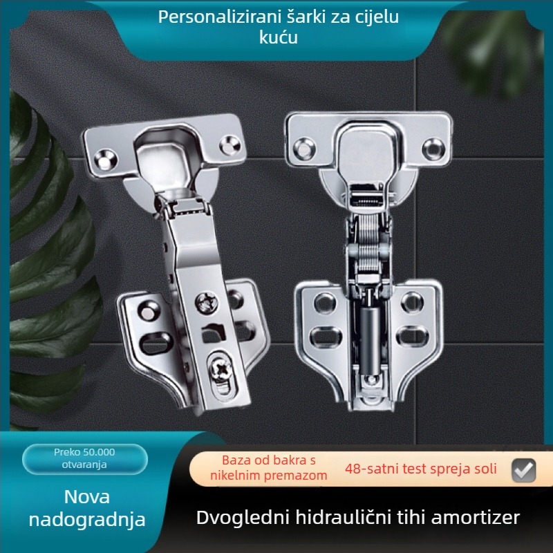 Dvostupanjski hidraulični šarki za garderobu — tip pozicioniranja, hladno valjani čelik, hidrauličko dampiranje, nikl i bakar premaz