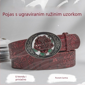Ženski kaiš Y2K zapadnjačkog stila s reljefom ruže, PU koža, kopča od legure, zatvaranje na klik, širina 2–4 cm, retro književno-umjetnički stil