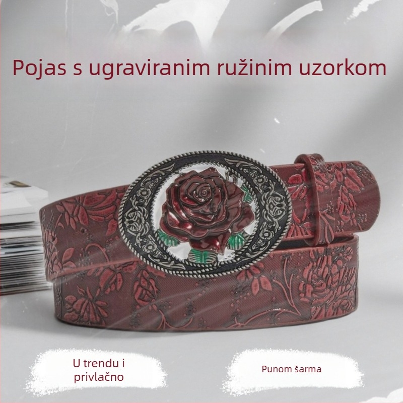 Ženski kaiš Y2K zapadnjačkog stila s reljefom ruže, PU koža, kopča od legure, zatvaranje na klik, širina 2–4 cm, retro književno-umjetnički stil