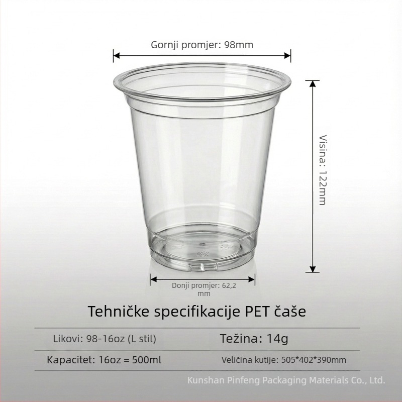 Jednokratne PET čaše s poklopcem, 501–600 ml, prozirne, okruglog oblika, za milk tea, hladna pića, jogurt — biorazgradivo, moguć tisak logotipa, prilagodljivo