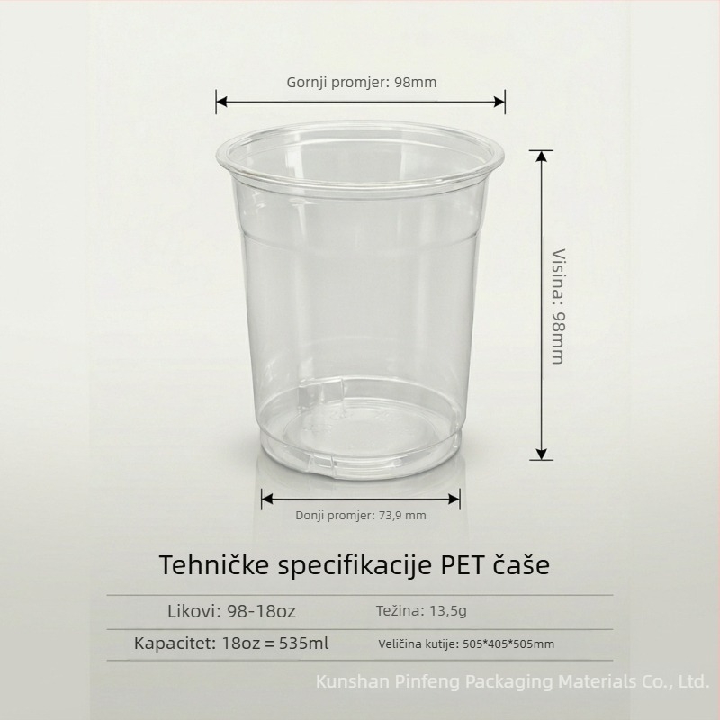 Jednokratne PET čaše s poklopcem, 501–600 ml, prozirne, okruglog oblika, za milk tea, hladna pića, jogurt — biorazgradivo, moguć tisak logotipa, prilagodljivo
