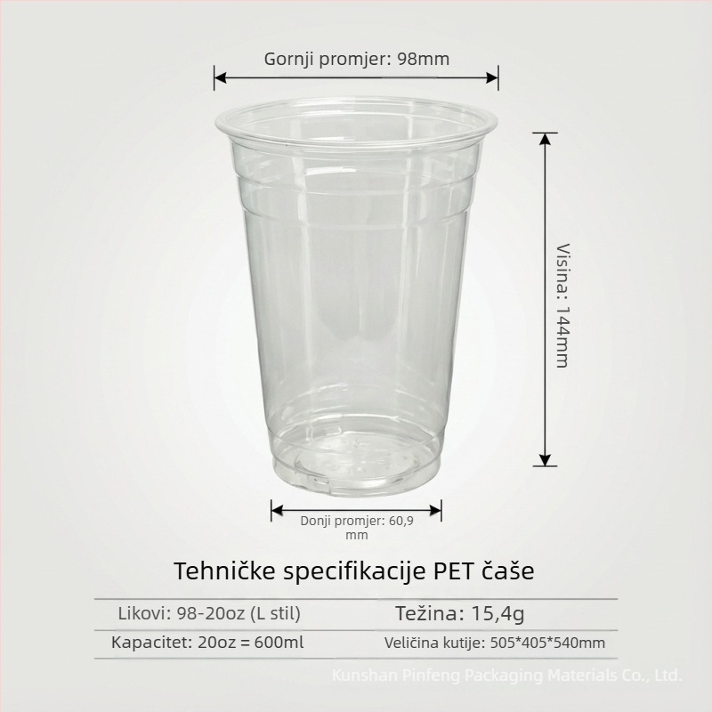 Jednokratne PET čaše s poklopcem, 501–600 ml, prozirne, okruglog oblika, za milk tea, hladna pića, jogurt — biorazgradivo, moguć tisak logotipa, prilagodljivo