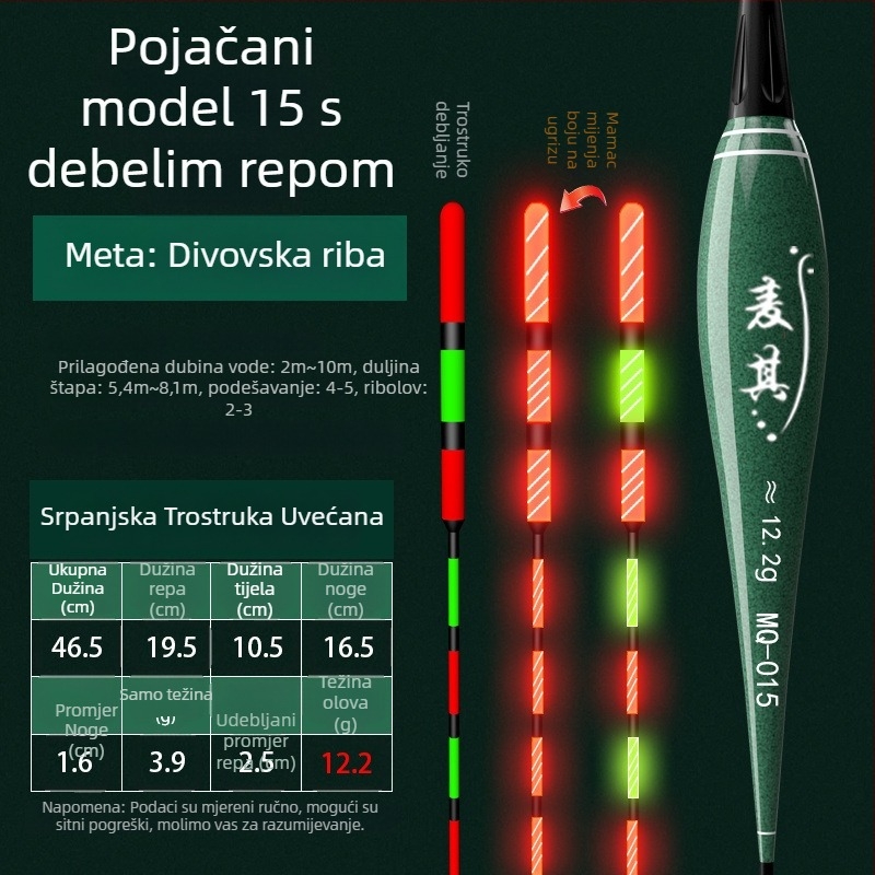 Plovak za ribolov s vertikalnim driftom – mijenja boju, luminescentni elektronički plovak za dan i noć; kompozitni materijal; marka Powerful merchant.