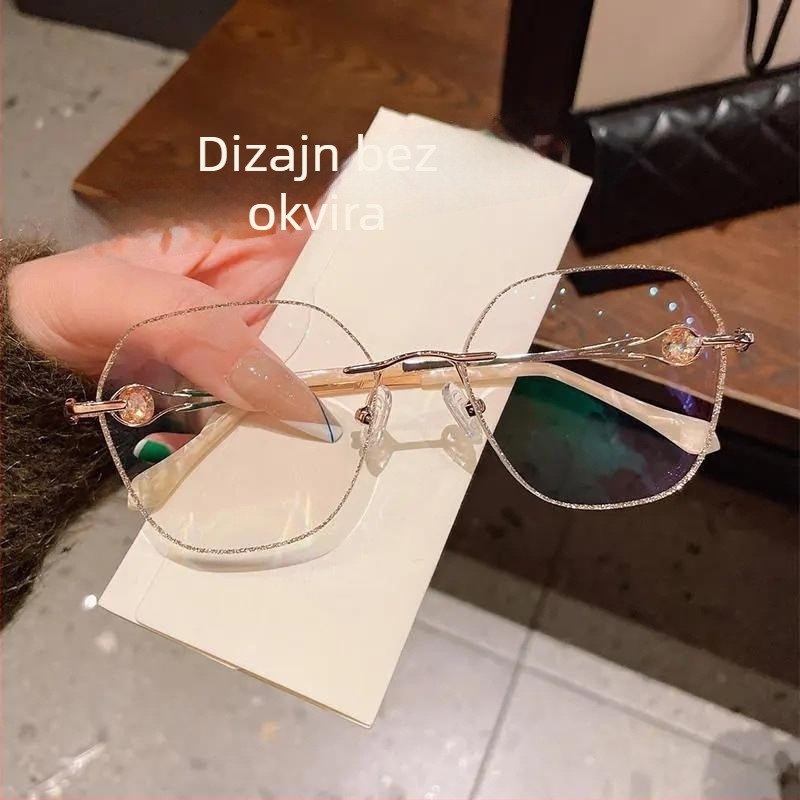 Ženske naočale za presbiopiju i kratkovidnost s zaštitom od plave svjetlosti, polygonalni dizajn, metalni okovi s dijamantima, PC leće, okvir TR + metal