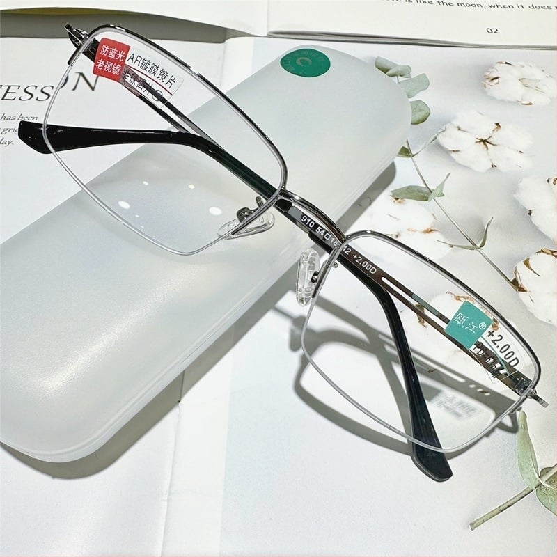 Muške naočale za čitanje s zaštitom od plavog svjetla, leće od smole, cijeli metalni okvir, kvadratni okvir