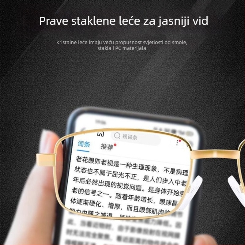 Naočale za čitanje s HD staklenim lećama, otporne na ogrebotine, unisex, metalni kvadratni okvir, cijeli okvir, za srednju dob i starije.