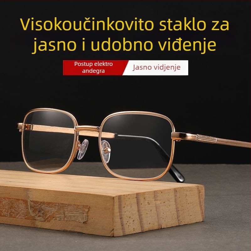 Naočale za čitanje s HD staklenim lećama, otporne na ogrebotine, unisex, metalni kvadratni okvir, cijeli okvir, za srednju dob i starije.