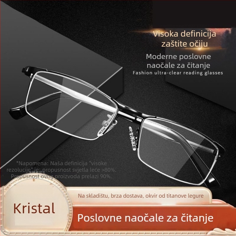 Naočale za čitanje, kvadratni okvir, okvir od titanijskog legura, staklene leće, književno retro stil