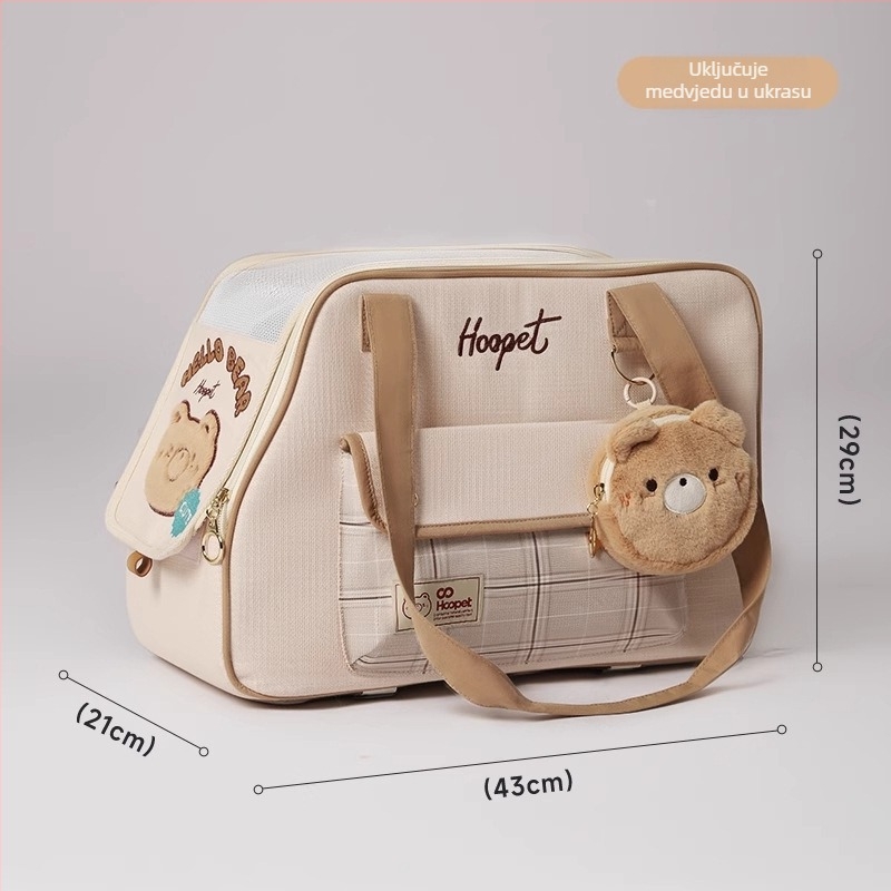 Hoopet torba za kućne ljubimce za mačke i male pse, nosiva crossbody torba, anti-stres dizajn, karikaturalni uzorak, materijali: ramie, karirano platno, teslin mreža