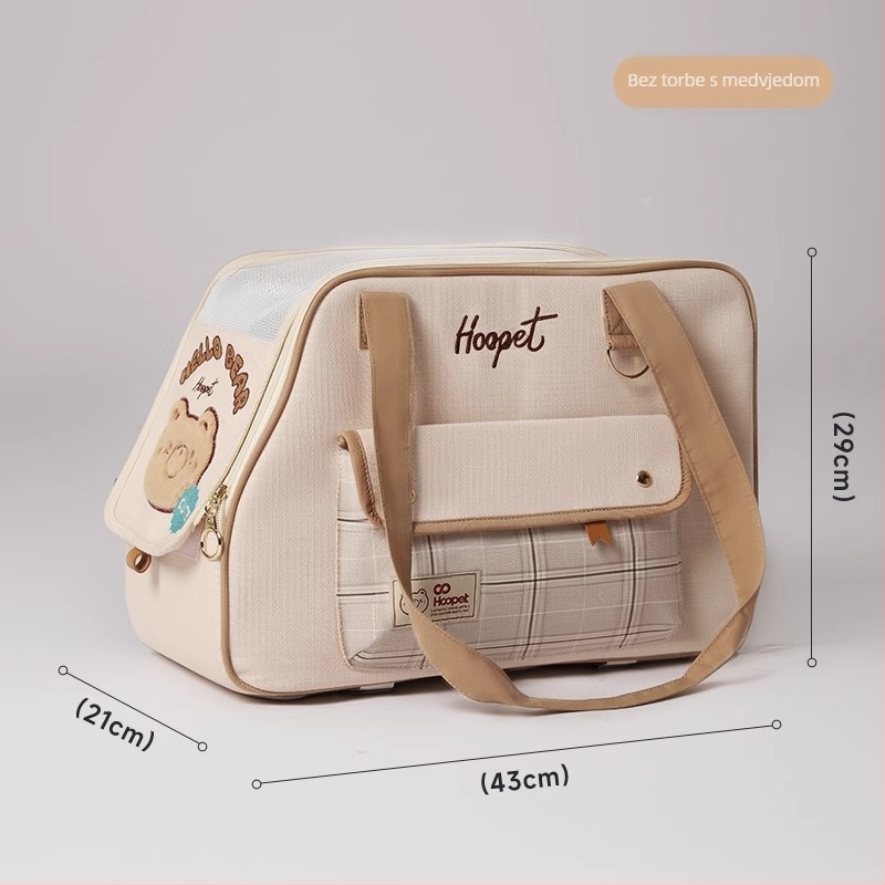 Hoopet torba za kućne ljubimce za mačke i male pse, nosiva crossbody torba, anti-stres dizajn, karikaturalni uzorak, materijali: ramie, karirano platno, teslin mreža