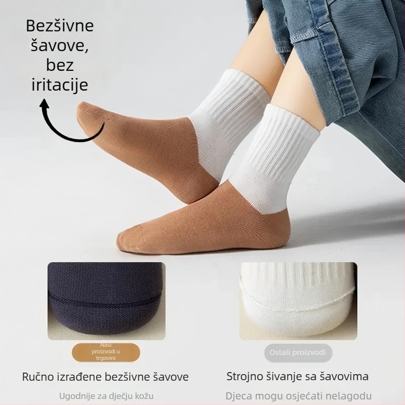 Dječje čarape od 100% pamuka, srednje duljine do potkoljenice, bezšivne, prozračne, upijaju znoj, antibakterijske, univerzalne
