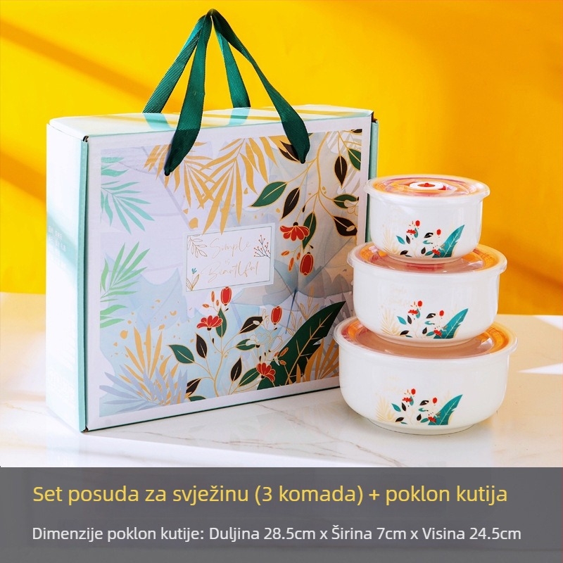 Ceramički trodijelni set zdjela za čuvanje svježine sa zatvorenim posudama u poklon kutiji – pogodna za vjenčanja, rođendane i useljenje.