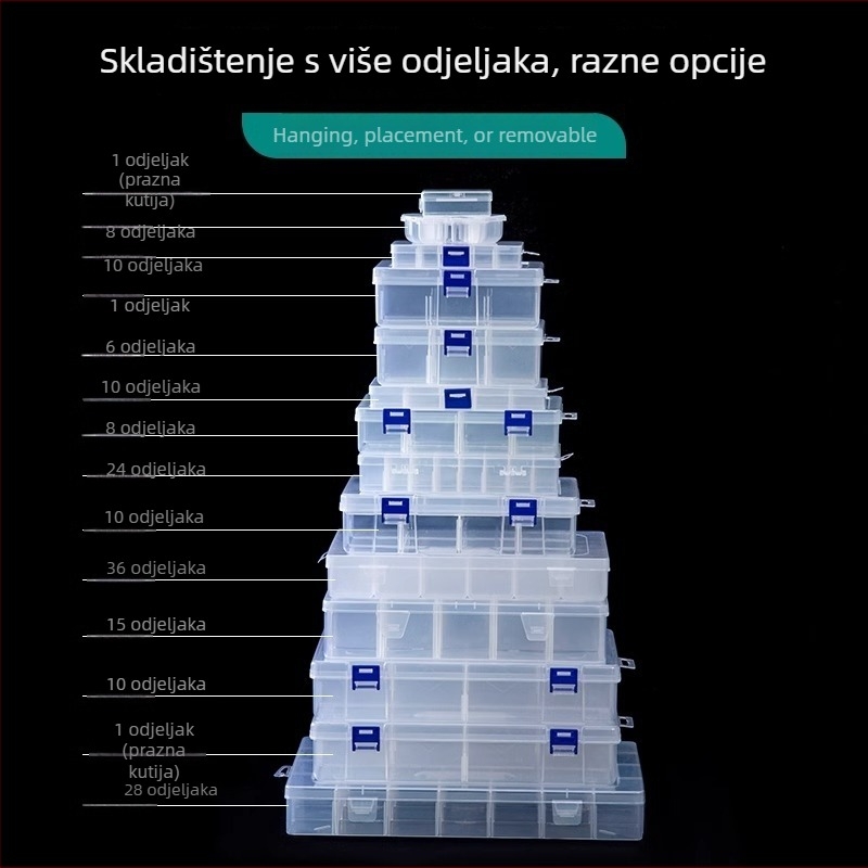 Višedjelna prozirna plastična kutija za elektroničke komponente i sitne vijake s pregradama