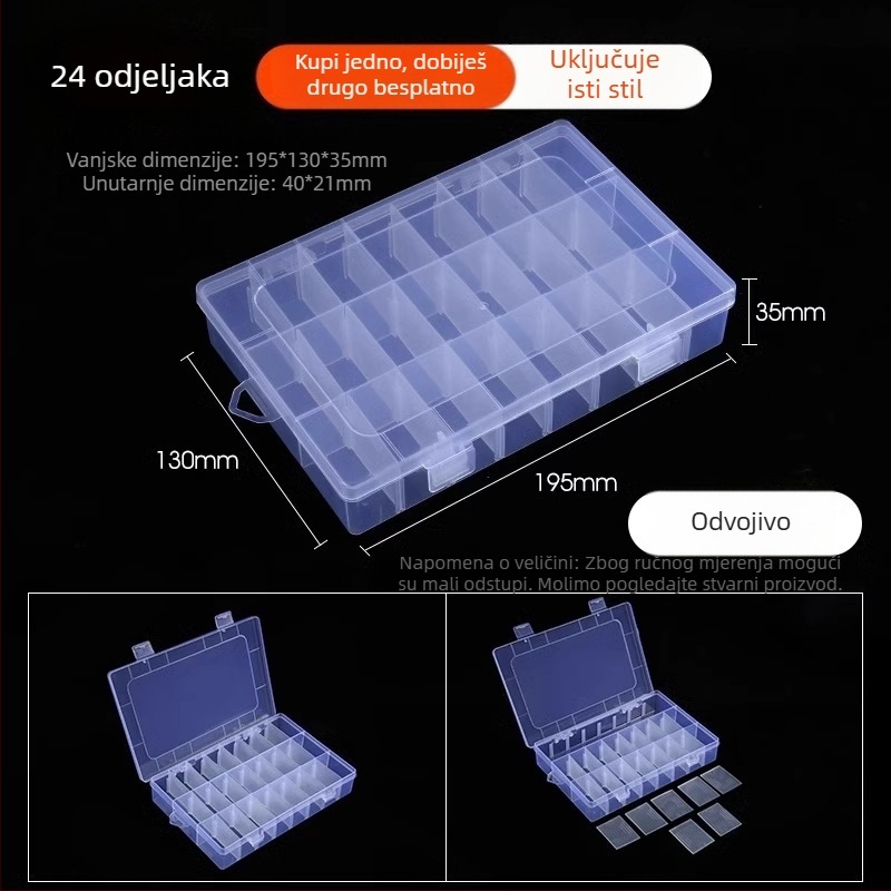 Višedjelna prozirna plastična kutija za elektroničke komponente i sitne vijake s pregradama