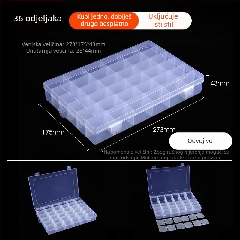 Višedjelna prozirna plastična kutija za elektroničke komponente i sitne vijake s pregradama