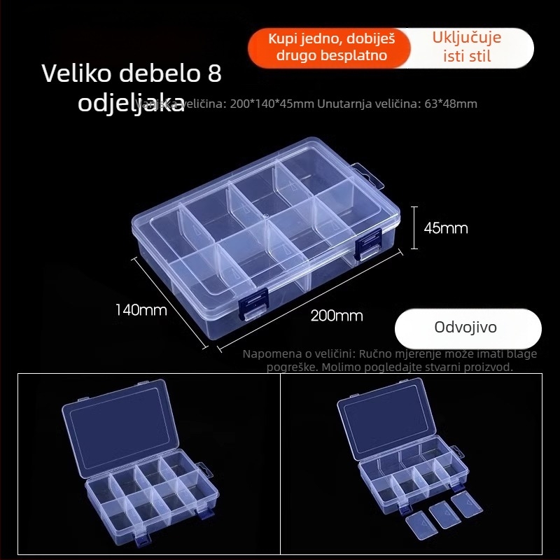 Višedjelna prozirna plastična kutija za elektroničke komponente i sitne vijake s pregradama