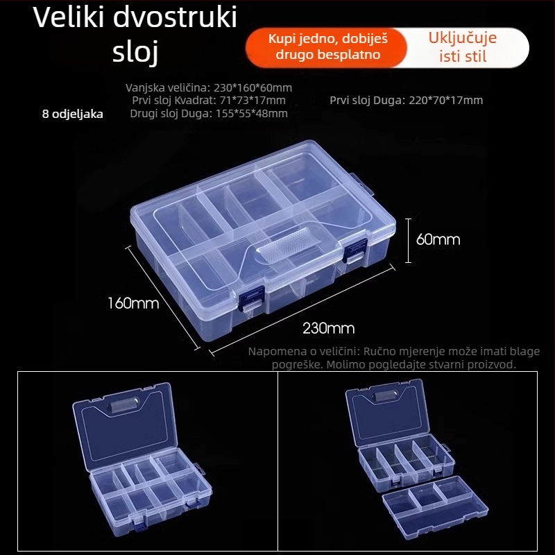 Višedjelna prozirna plastična kutija za elektroničke komponente i sitne vijake s pregradama