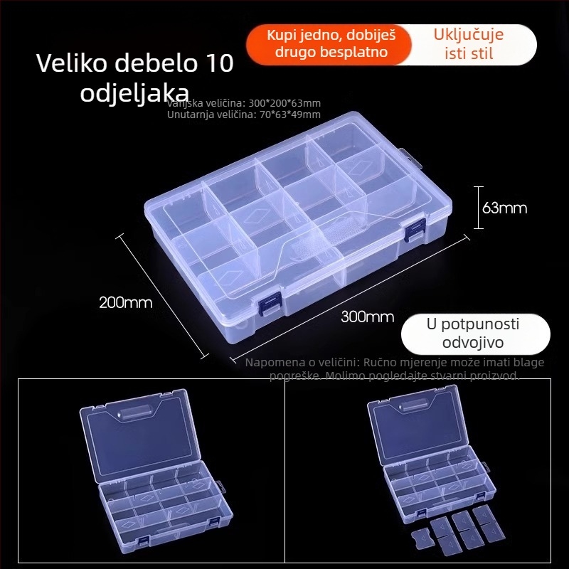 Višedjelna prozirna plastična kutija za elektroničke komponente i sitne vijake s pregradama