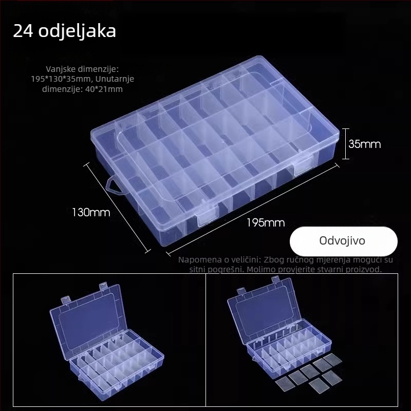 Višedjelna prozirna plastična kutija za elektroničke komponente i sitne vijake s pregradama