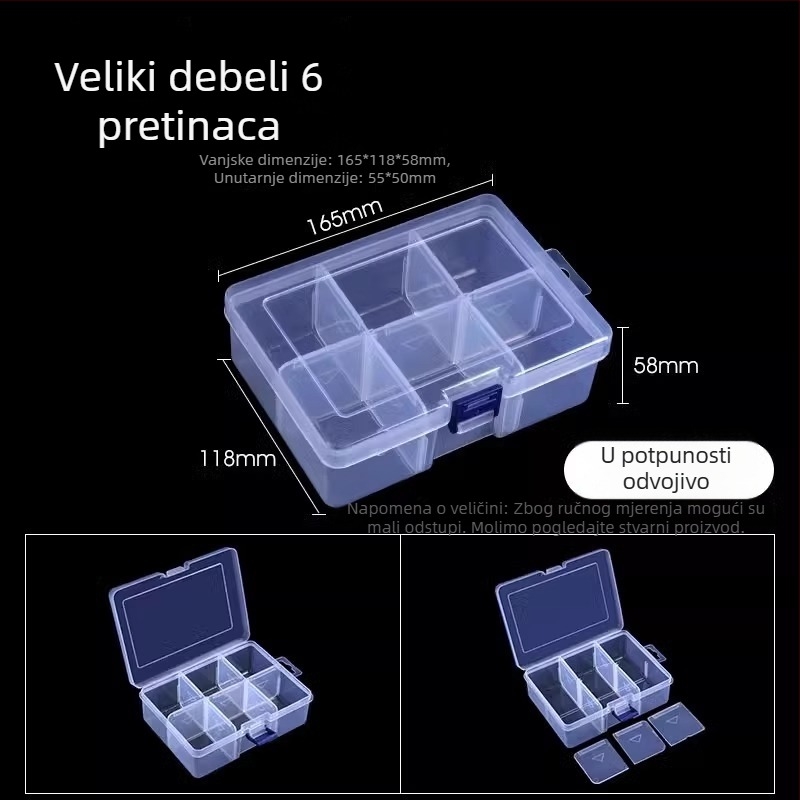 Višedjelna prozirna plastična kutija za elektroničke komponente i sitne vijake s pregradama
