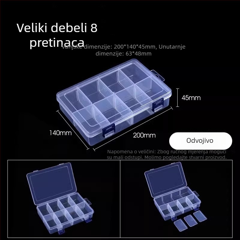 Višedjelna prozirna plastična kutija za elektroničke komponente i sitne vijake s pregradama