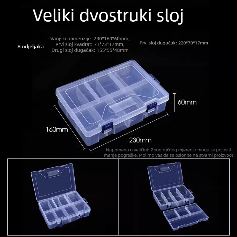 Višedjelna prozirna plastična kutija za elektroničke komponente i sitne vijake s pregradama
