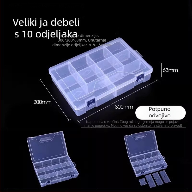 Višedjelna prozirna plastična kutija za elektroničke komponente i sitne vijake s pregradama