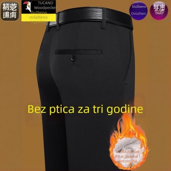 Muške casual hlače s ravnim krojem, fleece podstava, bambusovo vlakno s poliestrom, debeli za jesen-zimu, visoka elastičnost
