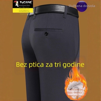 Muške casual hlače s ravnim krojem, fleece podstava, bambusovo vlakno s poliestrom, debeli za jesen-zimu, visoka elastičnost
