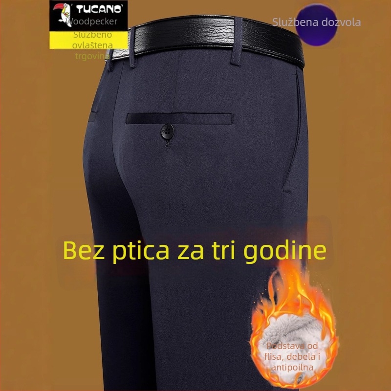 Muške casual hlače s ravnim krojem, fleece podstava, bambusovo vlakno s poliestrom, debeli za jesen-zimu, visoka elastičnost